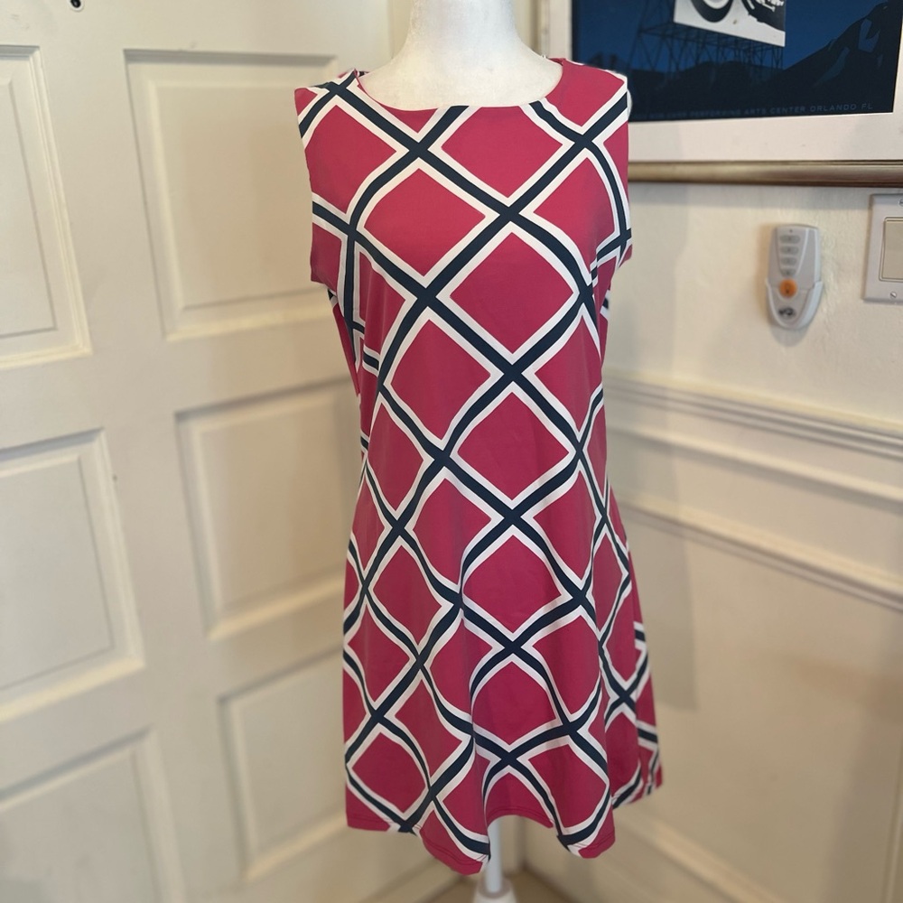 EUC Mahi Gold Pink and Navy geometric dress Sz L